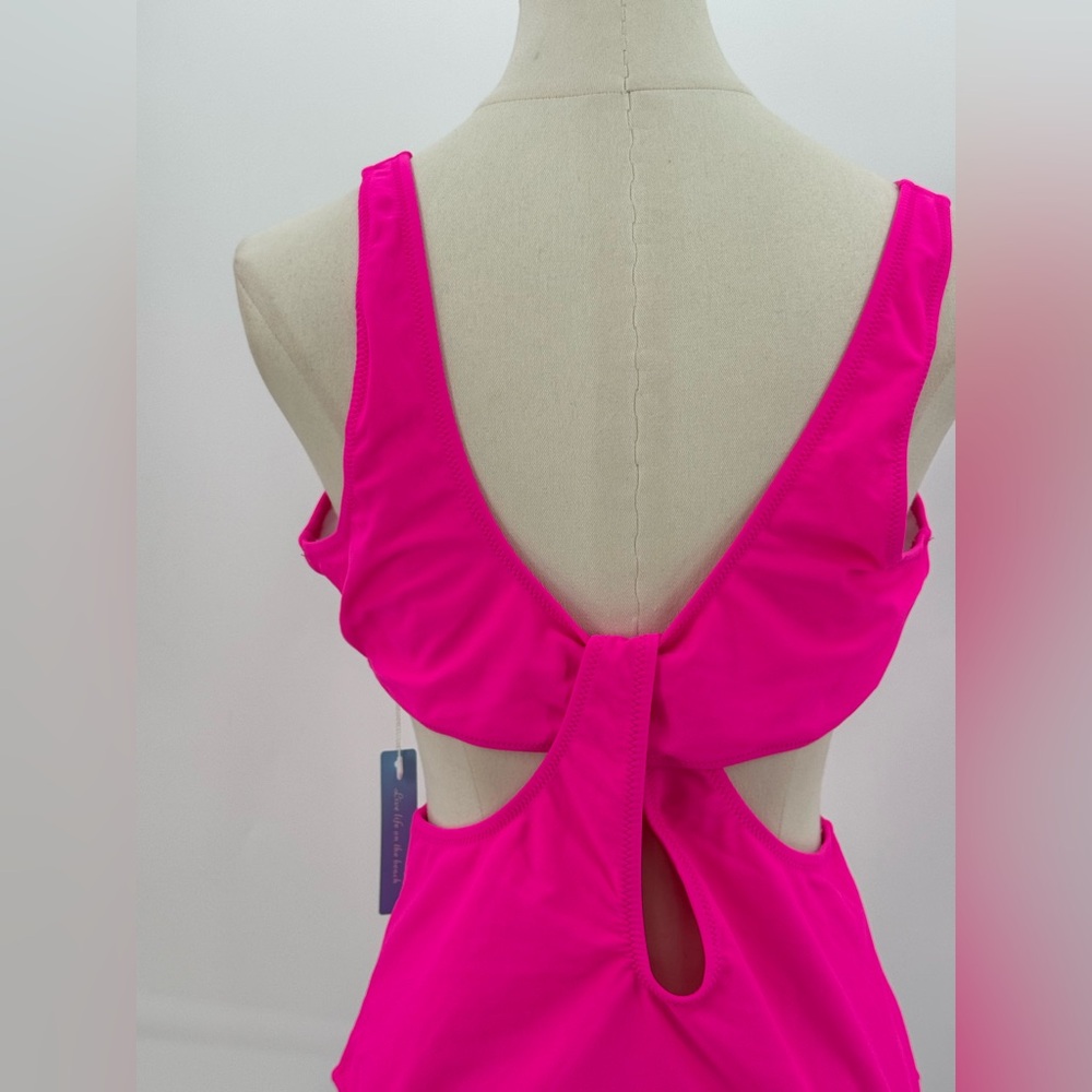 Live Life On The Beach Hot Pink Cut-Out One Piece Plunge Knot Front Swimwear - Picture 8 of 11